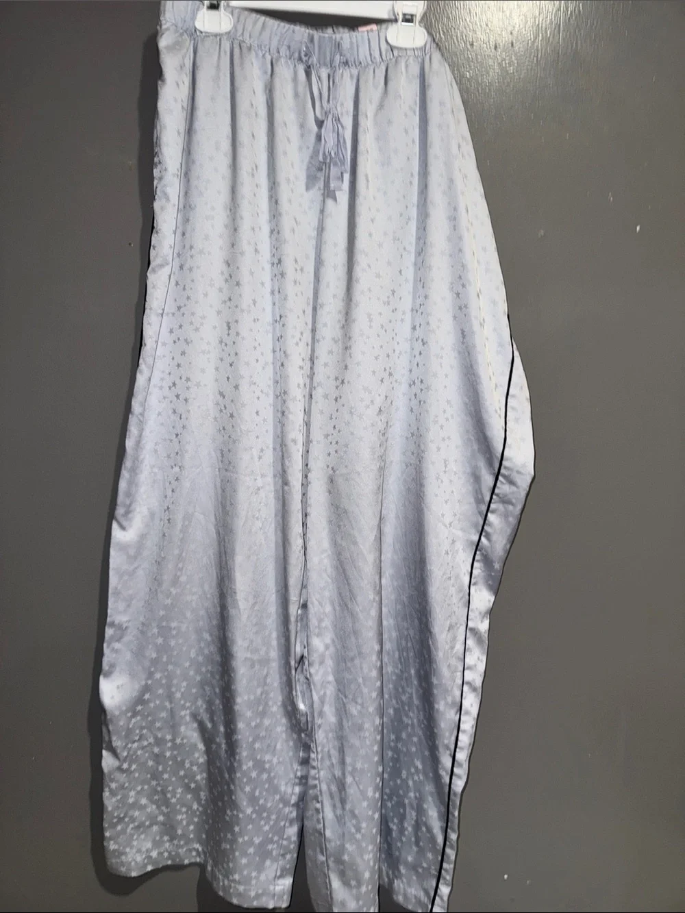 Victoria's Secret Pale Gray Satin Pajama Set with Black Trim